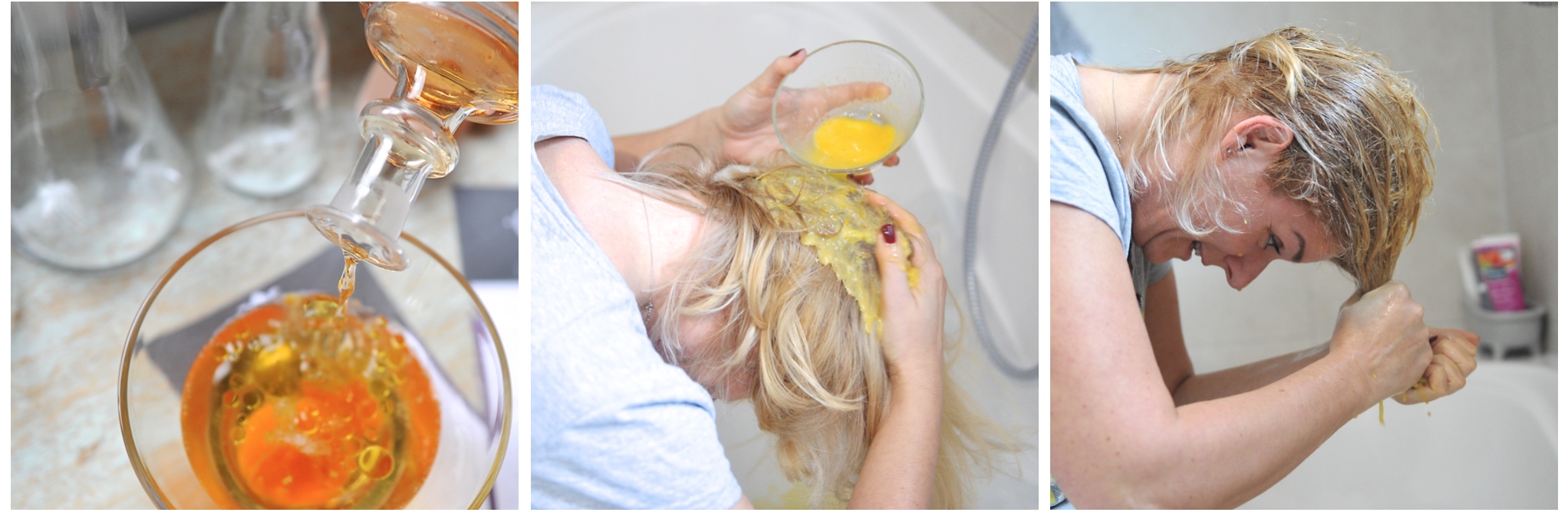 Das Beauty-Wunder Ei im Einsatz für die Haare. Drei Bilder von Rita Davidson, wie sie eine Bier-Ei Maske in die Haare einbringt.