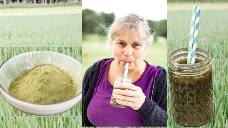 Gerstengras, Frau mit Gerstengras, Glas mit Gerstengras